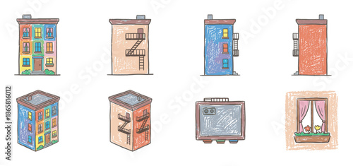Set of hand-drawn colorful building illustrations in a cute cartoon doodle style showing urban apartments, fire escapes, and architectural details like windows and rooftops