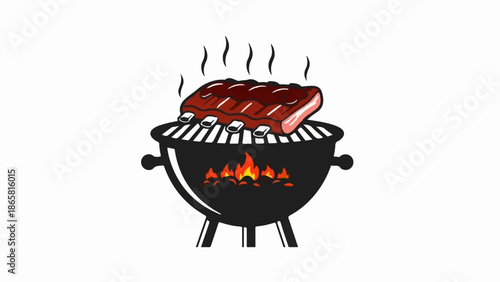 A rack of ribs cooks over glowing coals on a barbecue grill, smoke rising