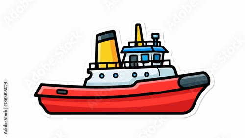 A cartoon illustration of a red tugboat with a yellow smokestack and blue windows