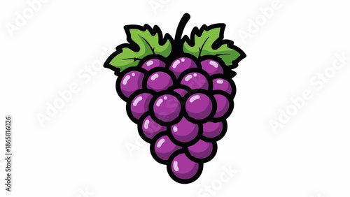 A cartoonish bunch of purple grapes with two green leaves and a dark stem