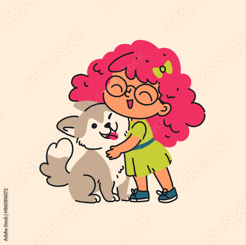Little girl with husky dog. Modern flat style vector illustration. Friendship of children and animals