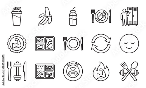Set of black line icons for fitness and healthy lifestyle concepts including gym nutrition, meal prep, workout symbols, and muscle building in a minimalist outline style