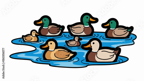 A group of cartoon ducks swimming in blue water with ripples