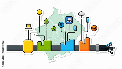 Stylized illustration of digital connections spanning a map outline, with devices and symbols linking to a cable