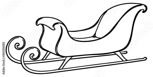 Hand drawn line art illustration of a santa sleigh depicting a classic festive vehicle for Christmas