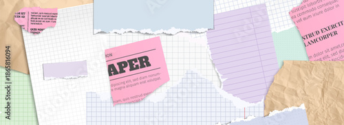 Ripped newspaper and notebook pages collage. Vector realistic illustration of blank graph and lined paper sheets, pieces of magazine articles with torn uneven edges, funky scrap poster background