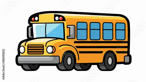 A bright yellow school bus with blue windows and black trim