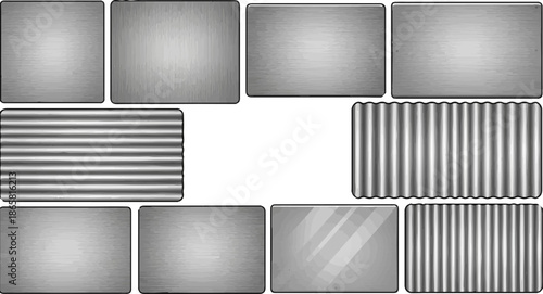 Collection of metallic textures and corrugated surfaces, varying in pattern and finish