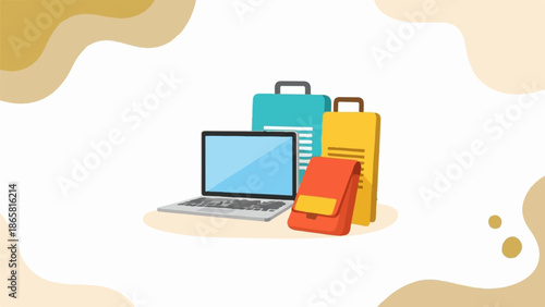 Flat design illustration of a laptop and colorful bags on a white background