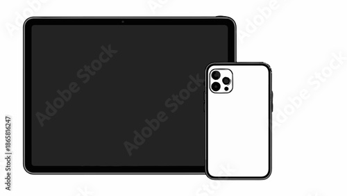 A black tablet screen next to a white smartphone with multiple camera lenses
