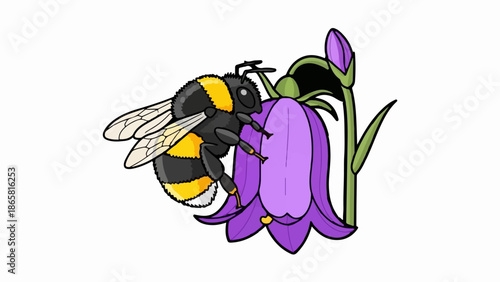 A stylized bumblebee with black and yellow stripes, its wings outstretched, collects nectar from a purple bell-shaped flower