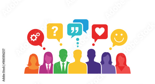 Group of colorful silhouettes represents a team with speech bubbles showing symbols for ideas, feedback, and love.