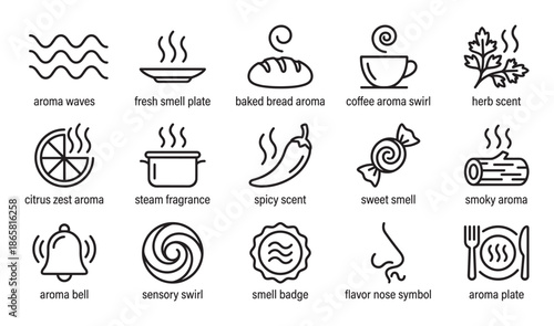Collection of black line icons representing various smells and aromas, including food, drink, and nature scents, presented as a minimalist vector symbol set for sensory concepts