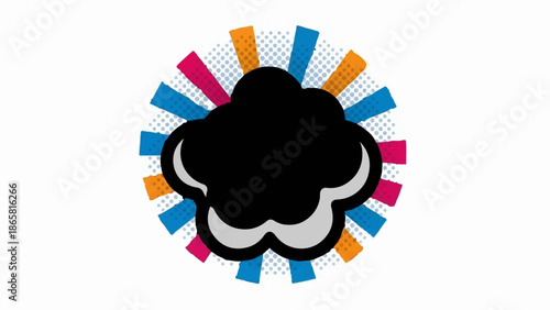 A black cloud shape with a grey outline, set against a radial burst of colorful bars and dots