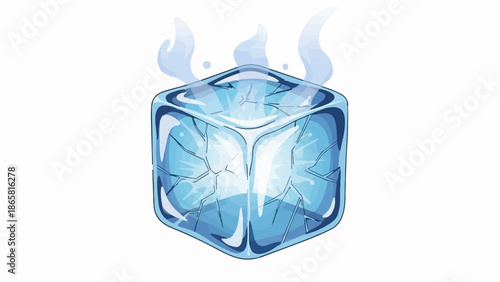 Cracked ice cube with wisps of steam rising, signifying coldness
