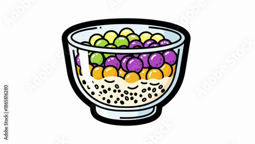 A clear glass bowl overflowing with a layered, colorful dessert of tapioca pearls and fruity spheres