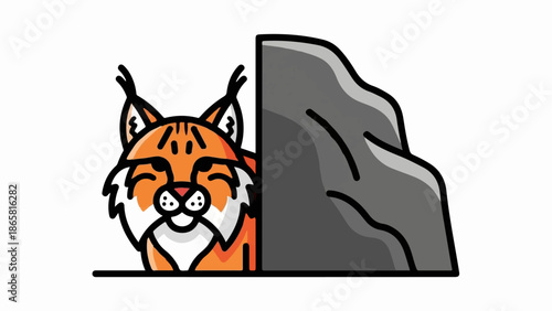 A curious cartoon lynx peeks from behind a large grey rock