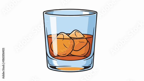 A clear glass tumbler holds amber liquid with two ice cubes floating