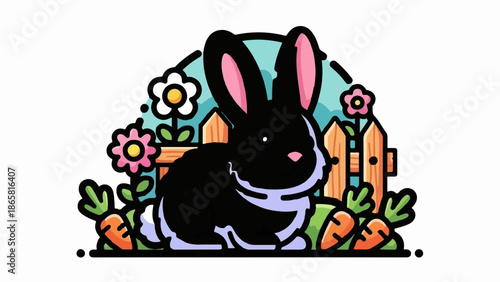 A cute black bunny sits near carrots and flowers in a garden