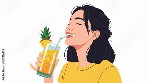 Woman enjoying a refreshing pineapple drink with ice and a straw