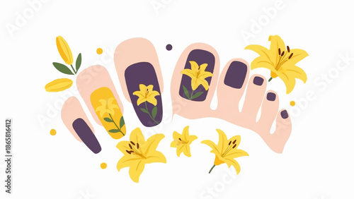 Decorated toenails and fingernails with yellow lily flowers and purple polish