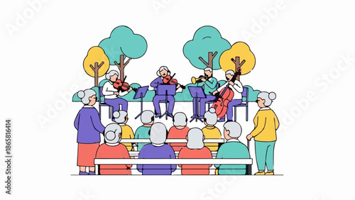 Elderly people enjoying an outdoor orchestra concert among trees and greenery