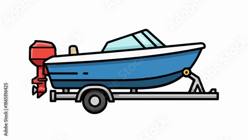 Blue motorboat on a trailer, with a red outboard motor