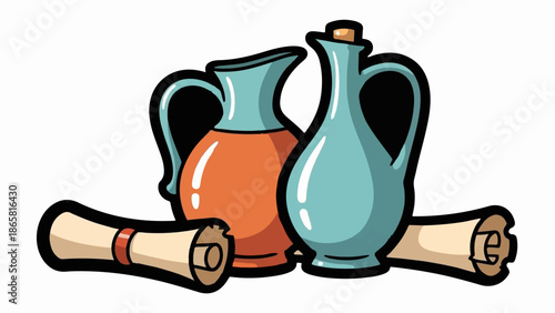 Two ceramic jugs sit beside rolled-up scrolls