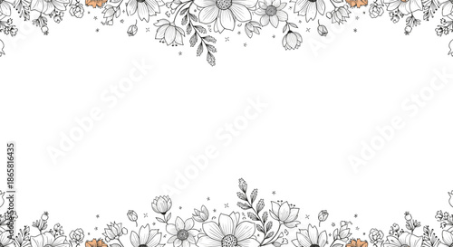 Wide horizontal frame is beautifully decorated with detailed black and white floral borders and soft peach highlights.