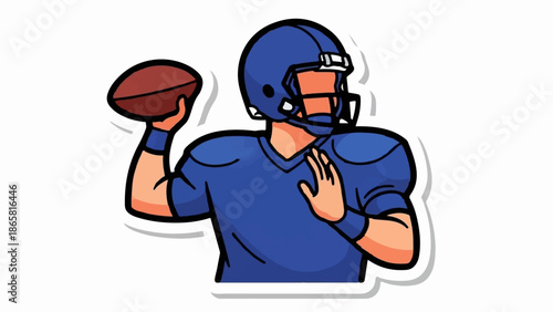 A cartoon illustration of a football player in a blue uniform throwing a football