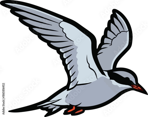 A stylized illustration of a grey bird with white and black accents flying dynamically