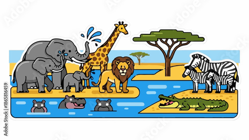 Cartoon savanna wildlife herd elephants, giraffe, lion, zebras, hippos, crocodile