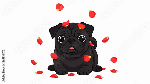 A cute black pug puppy sits surrounded by falling red rose petals