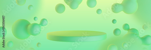Round podium and liquid blobs on green background. Vector realistic illustration of abstract spheres floating around circular stage for product presentation, fluid balls, medicine banner backdrop