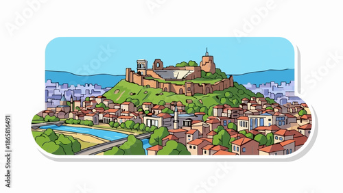 Cartoonish aerial view of a historic city with a fortress on a hill overlooking a river and buildings