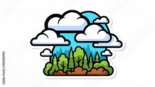 Stylized cartoon forest with mountains and clouds