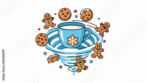 Festive gingerbread people and cookies swirl around a blue cup filled with milk, adorned with a snowflake