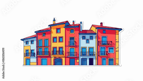 Colorful row of houses with balconies and blue windows