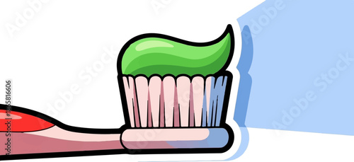 A cartoon toothbrush with green paste and a blue shadow