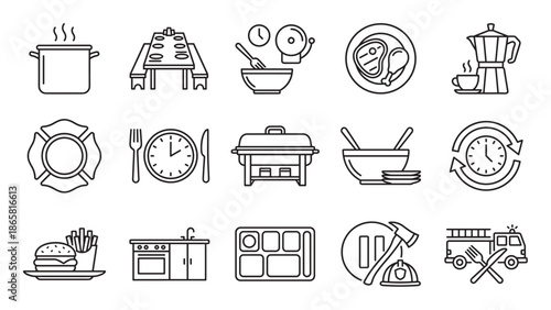 Firefighter and food service line art icons showing a fire truck, helmet, axe, cooking pot, meal tray, and kitchen utensils for a fire station canteen or mess hall concept