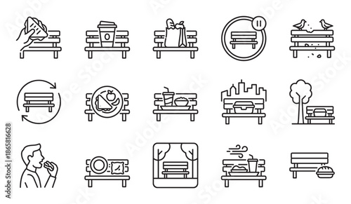 Collection of park bench line icons for an outdoor lunch break, depicting takeaway food, city relaxation, eating a sandwich, and resting, a set of minimalist vector pictograms