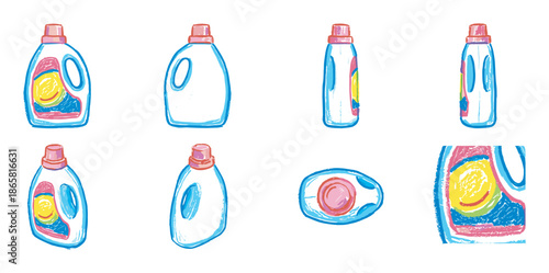 Colorful hand-drawn illustration set of laundry detergent bottles shown from multiple angles in a playful, sketchy artistic style with vibrant blue, pink, and yellow colors