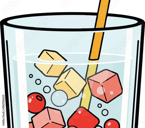 Refreshing drink with colorful cubes and berries, with a yellow straw