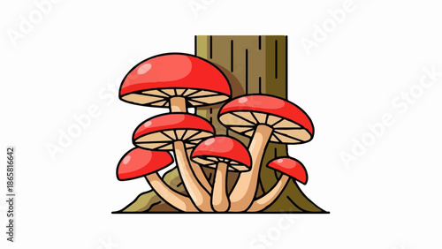 Cartoonish red mushrooms sprout from a textured tree trunk