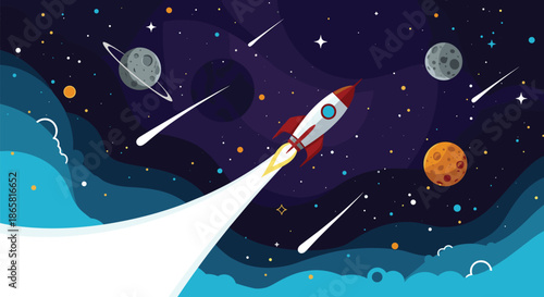 Cartoon rocket ship blasts off into a vibrant outer space filled with colorful planets, moons, stars, and comets.
