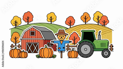 A charming autumn farm scene with a red barn, pumpkins, scarecrow, and tractor