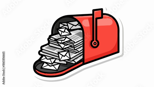 A red mailbox overflowing with letters and newspapers