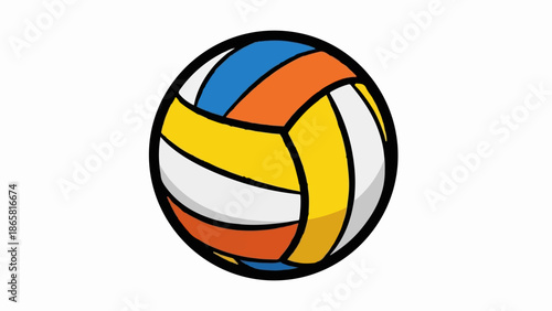 A colorful, round ball with alternating panels of white, yellow, orange, and blue, outlined in thick black