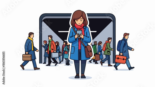 Diverse group of people walking, one engrossed in phone, with backdrop suggesting a travel hub