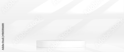 White podium set with soft shadows and minimal design. Clean 3d platform display with cylindrical stage on gray background. Modern product showcase with geometric pedestal and bright studio lighting